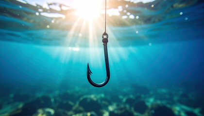 Fishing hook on string underwater. Clear sea or ocean water background.