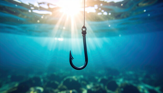 Fishing hook on string underwater. Clear sea or ocean water background.
