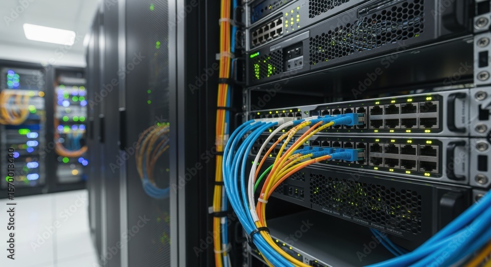 Poster fiber optic and ethernet cables are connecting server racks in a modern data center, ensuring high s