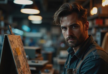 Fototapeta premium Industrial painter focused on his work in a manufacturing facility