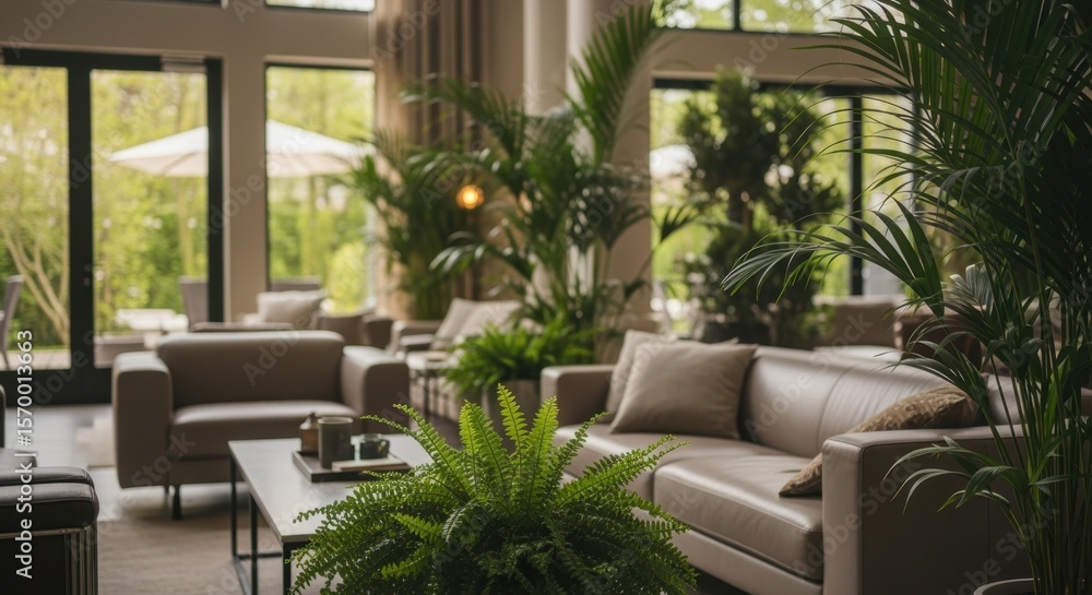 Aufkleber potted plants enhancing a relaxing atmosphere in a modern hotel lobby, featuring comfortable sofas a