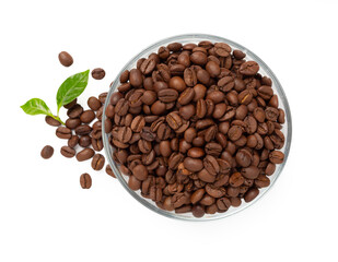 Bowl with coffee beans isolated on white,top view