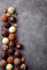 Obraz premium Luxury Chocolate Truffles Flat Lay on Dark Moody Background handmade candies – Gourmet Dessert Presentation, Elegant Sweets for Menu, Cafe, Valentine's Day, or Premium Food Advertisement