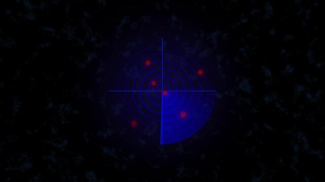 Digital sonar radar screen animation with rotating scanning line detecting object movement, representing tracking system, surveillance, submarine sonar, and futuristic technology interface