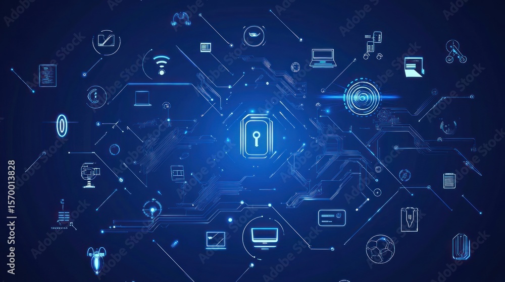 Poster cybersecurity data network visualization with integrated security lock