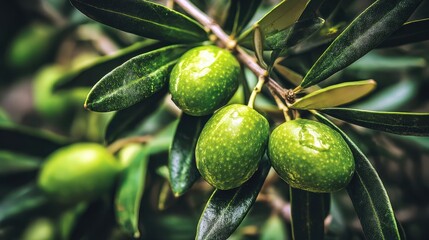The close-up view of fresh green olives on an olive tree branch.