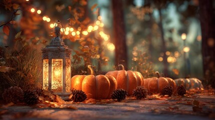 The charming scene featuring glowing pumpkins and a vintage lantern in autumn.