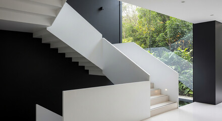 Obraz premium Modern staircase design white stairs black wall glass window interior architecture