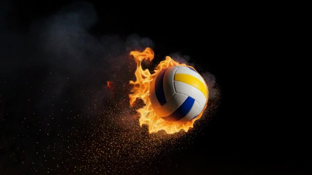 Fiery Volleyball - A volleyball engulfed in flames streaks across a black background, sparks and smoke trailing behind it. The video evokes a sense of intense energy and competition.