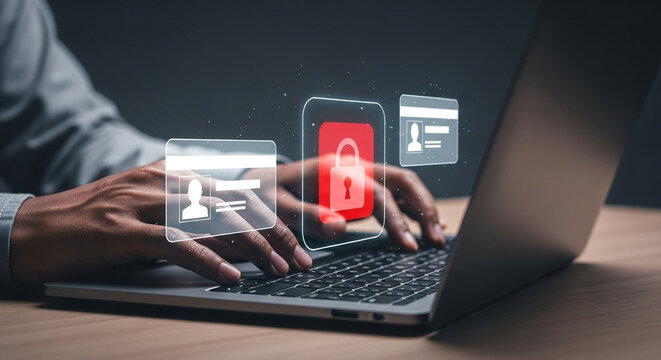 A person typing on a laptop with digital security icons floating above the keyboard on a desk top