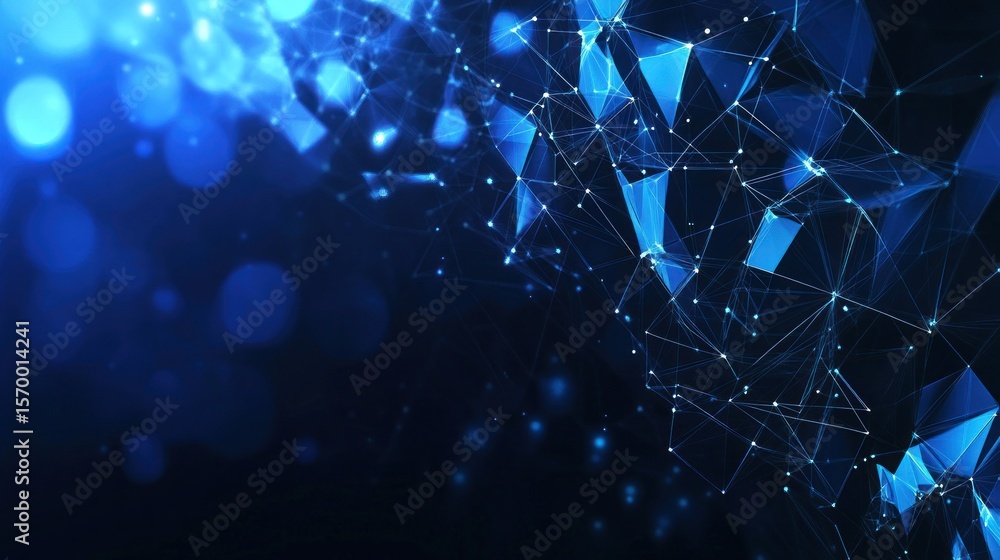 Poster abstract digital network with glowing blue triangles and dots on dark background, modern technology 