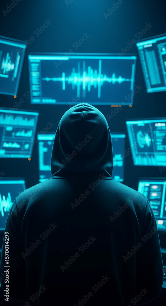 Poster hooded figure sits before multiple screens displaying data streams, symbolizing cybersecurity, data 