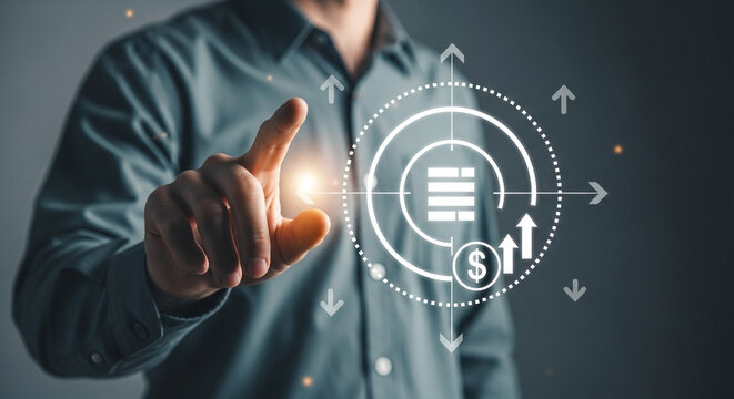 Man interacting with digital interface showing money growth and data management features on screen