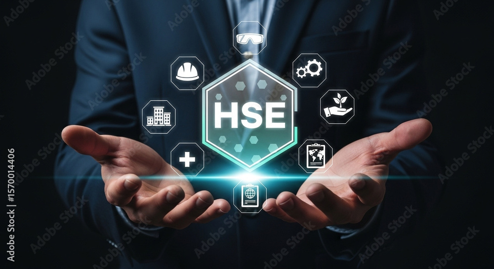 Poster man in suit presenting hse concept with icons representing health safety and environment management 
