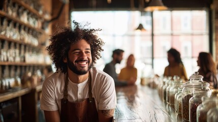 The smiling barista enjoying his time in a vibrant café atmosphere.