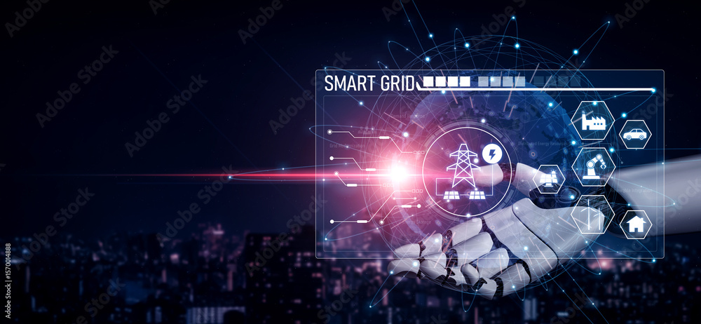 Poster ai optimizes smart grid infrastructure by integrating renewable energy, managing distribution, and e