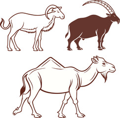 Obraz premium Camel and Antelope Line Art – Desert Animals Vector Illustration