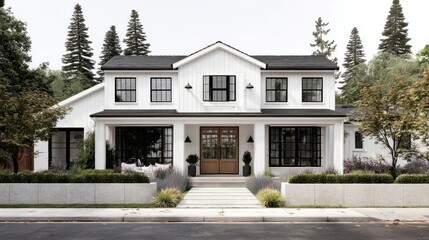 The elegant modern house with a beautiful front yard and inviting entrance.