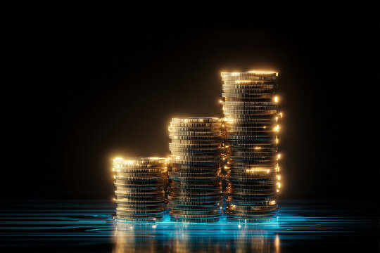 Stack of glowing golden coins on a blue digital surface, representing financial growth, cryptocurrency, and wealth accumulation in a futuristic and secure investment concept