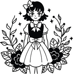 Fototapeta premium Cute Anime Girl Line Art with Floral Frame – Black and White Coloring Page