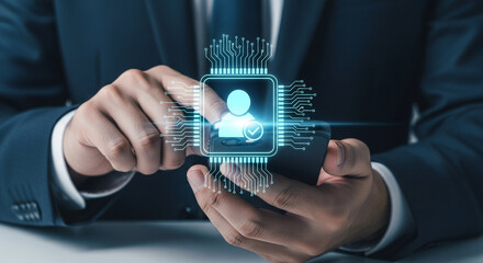 Man in suit using smartphone with digital profile and verification icon overlay on the screen