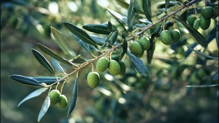 The beautiful green olives growing on a lush, healthy olive branch.