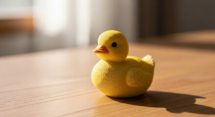 Cute yellow rubber ducky on wood floor toy bath toy adorable duckling object still