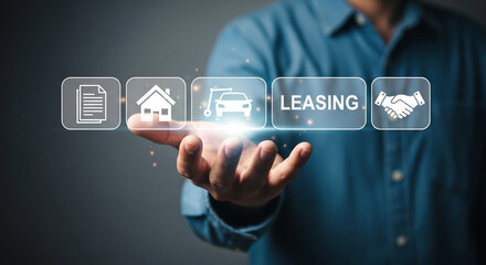 Man holding leasing icons representing document house car leasing and handshake in his hand