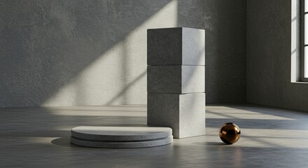 Modern Geometric Concrete Podium for Product Showcase with Sharp Shadows.