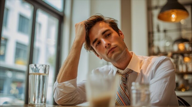 The thoughtful man enjoying coffee while contemplating life in a modern cafe.