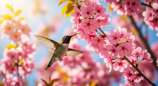 Hummingbird feeding on pink cherry blossoms spring nature wildlife photography