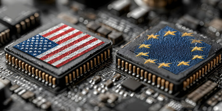 two computer chips on a motherboard. One computer chip has an american flag design. The other computer chip has a EU flag design