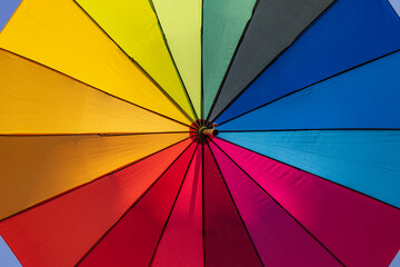 background with the inside of a rainbow-colored umbrella hanging on a street