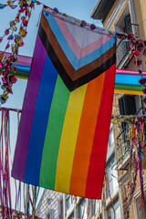 LGBTI flag decorating a street in Madrid, Spain