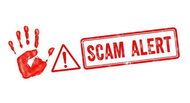 Red handprint, warning triangle, and "SCAM ALERT" stamp on white background, symbolizing fraud warning and prevention