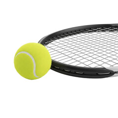Close up shot of a tennis racket with strings and a bright yellow tennis ball beside the racket head on transparent background