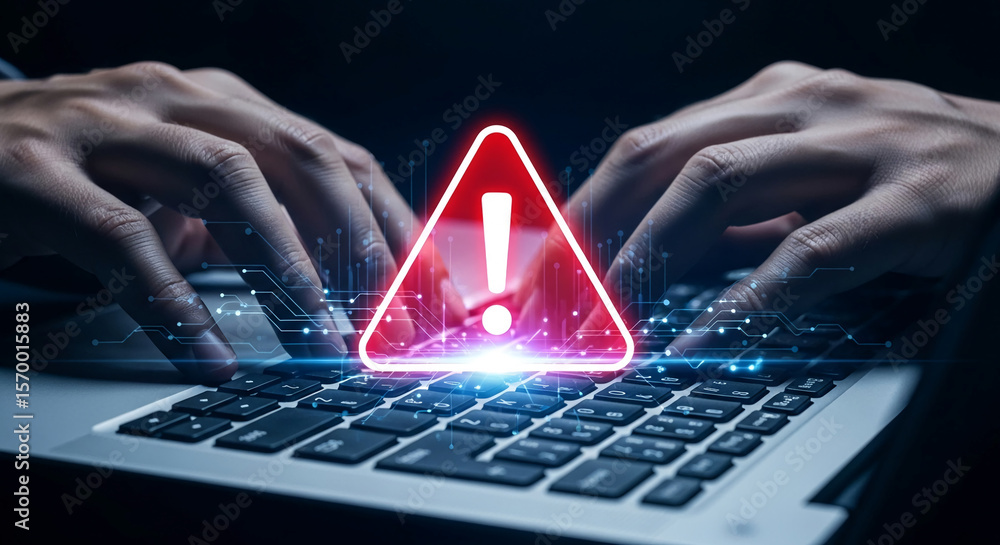 Fototapete hands typing on laptop keyboard with warning sign, symbolizing online security threat or system aler
