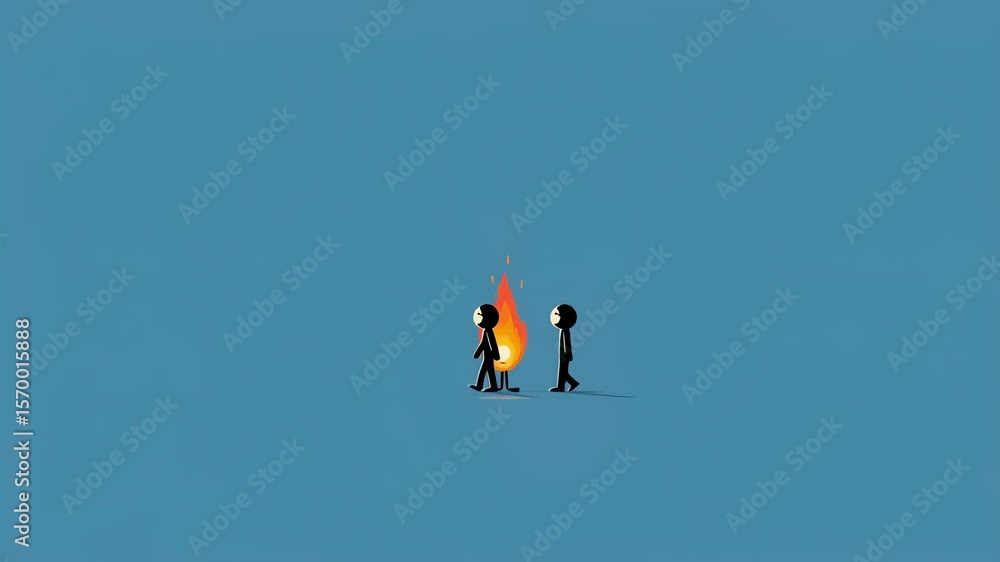 Poster solitary stick figure stands before a single flame, creating a minimalist and introspective scene. t