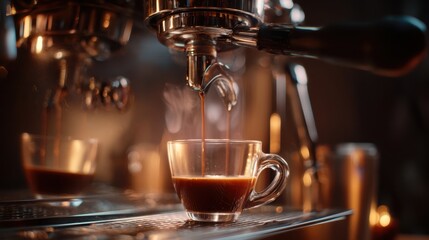 The espresso being brewed in a cozy café environment with rich aromas.