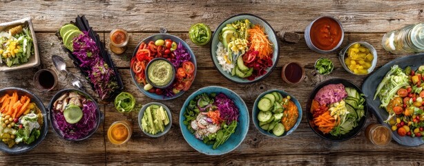 The vibrant display of fresh salads and colorful ingredients on a wooden table.