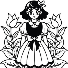 Fototapeta premium Cute Anime Girl Line Art with Floral Frame – Black and White Coloring Page