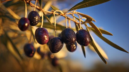 The Beautiful Olive Branch with Ripe Fruits Glistening in the Sunlight