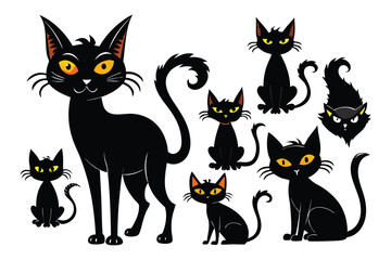 Fototapeta premium Halloween black cats with yellow eyes silhouette feline