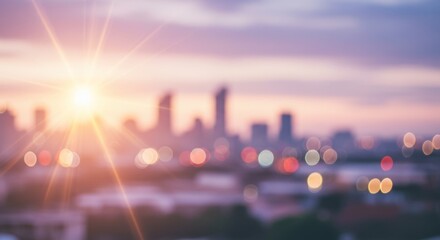 Naklejka premium Urban sunset with colorful bokeh lights and city skyline
