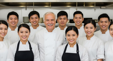 Fototapeta premium Restaurant team portrait of chefs and staff smiling in professional kitchen