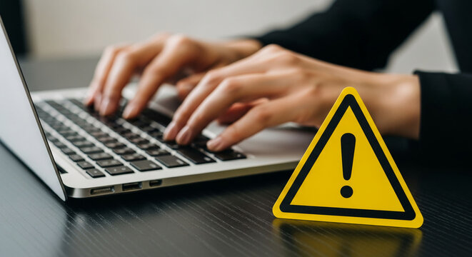 Hands typing on laptop keyboard, yellow warning sign nearby, symbolizing online security risk or alert, important for website safety, data protection concept