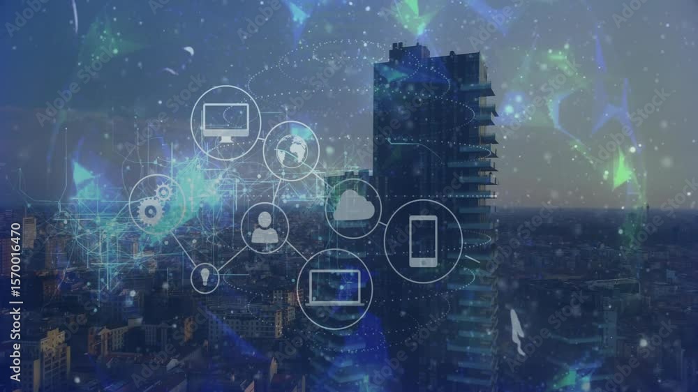 Poster dotted spiral cloud fading in spawning flat lineart network icons forming digital web above skyline