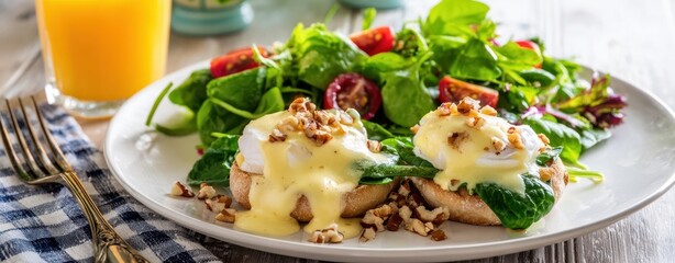 The delicious eggs benedict with spinach and a fresh salad on a plate.
