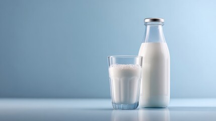 The refreshing milk in a glass and bottle on a blue background.