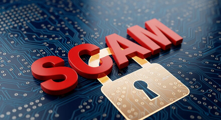 Red "scam" word on circuit board background with padlock, illustrating online fraud and security risks, symbolizing digital threats and data protection